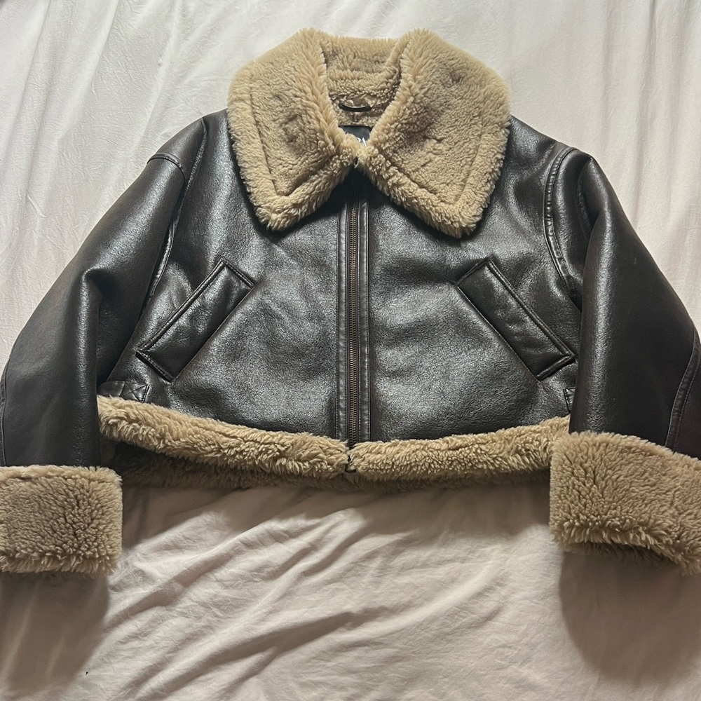 Zara Brown Leather Jacket with Cream Faux Fur Collar